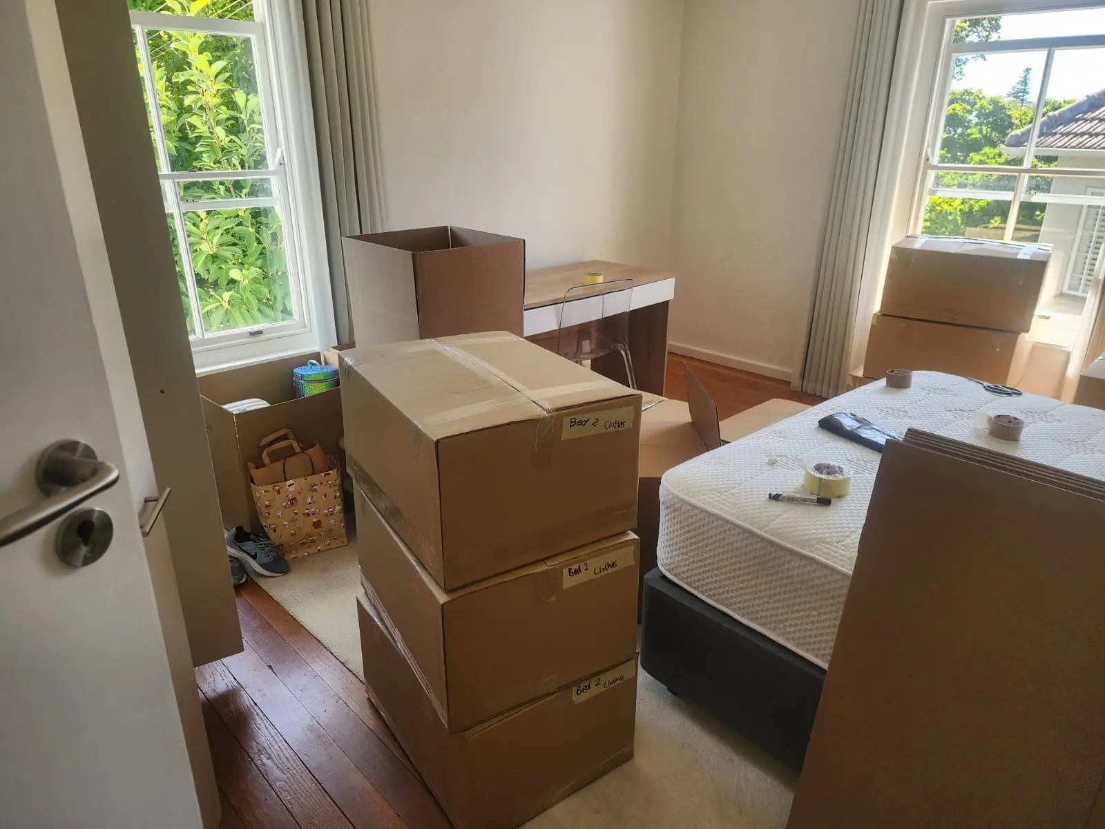 Bedroom essentials packed and labeled