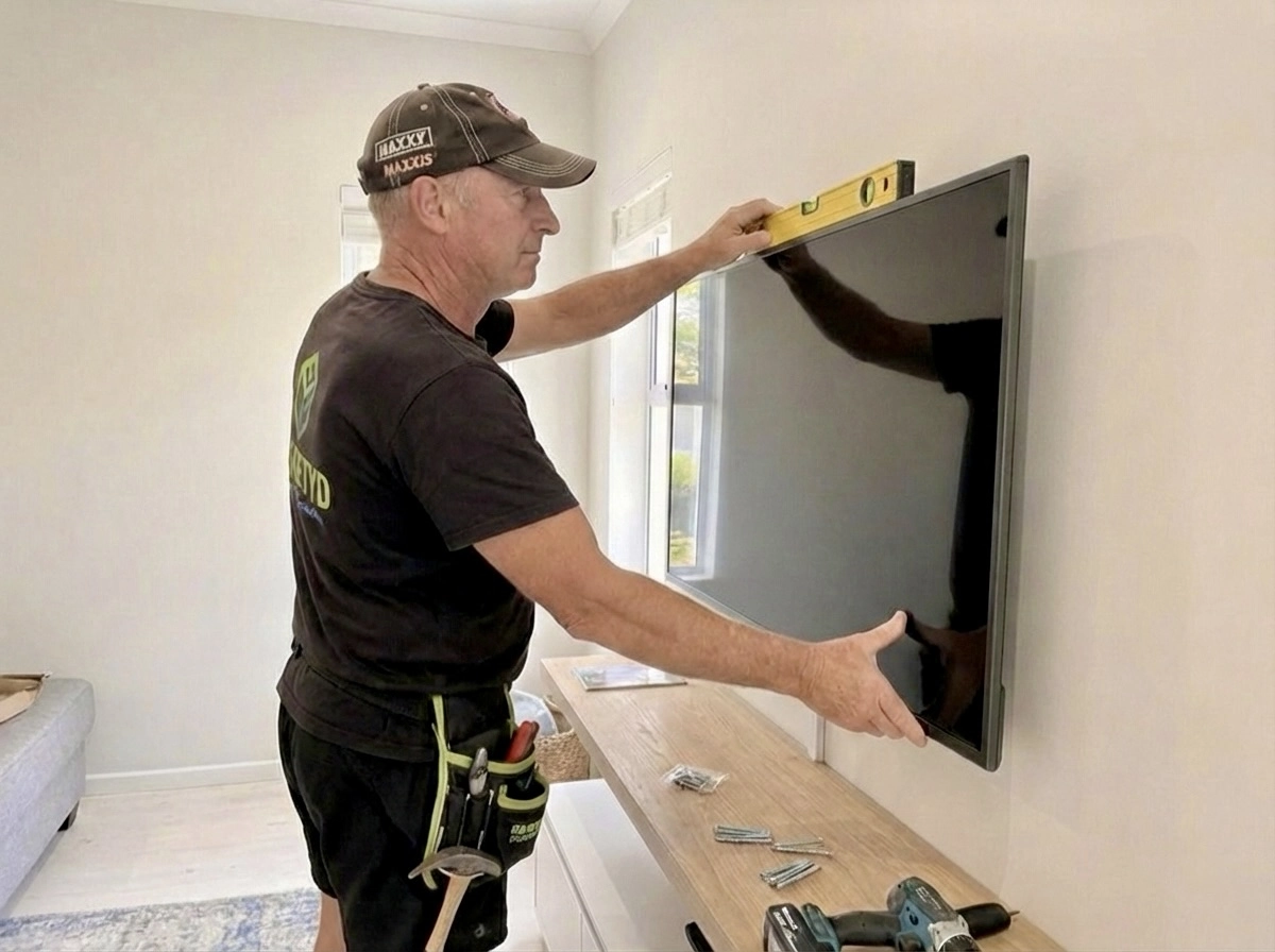 Handyman mounting a TV