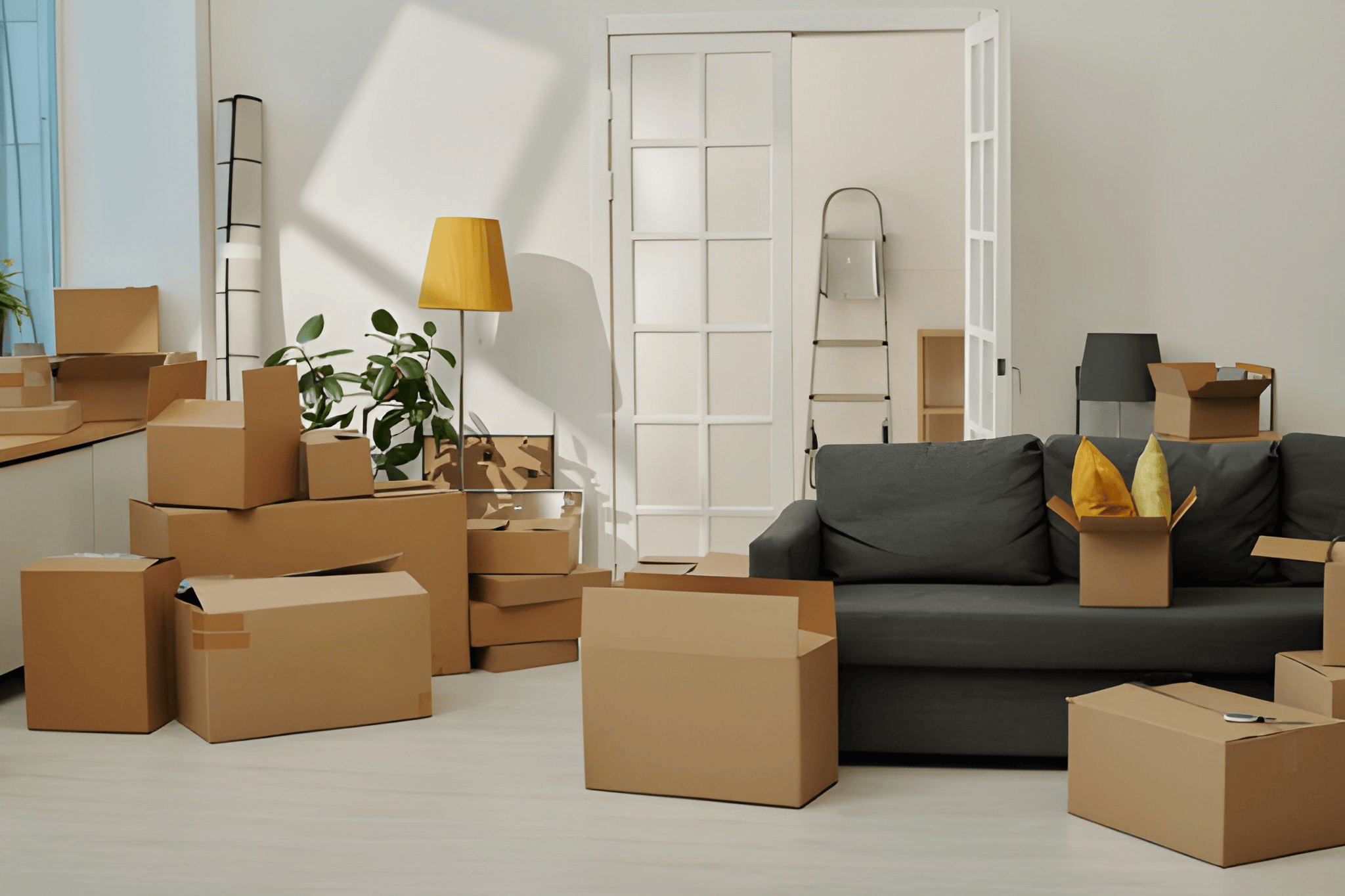 Boxes in a sunlit living room